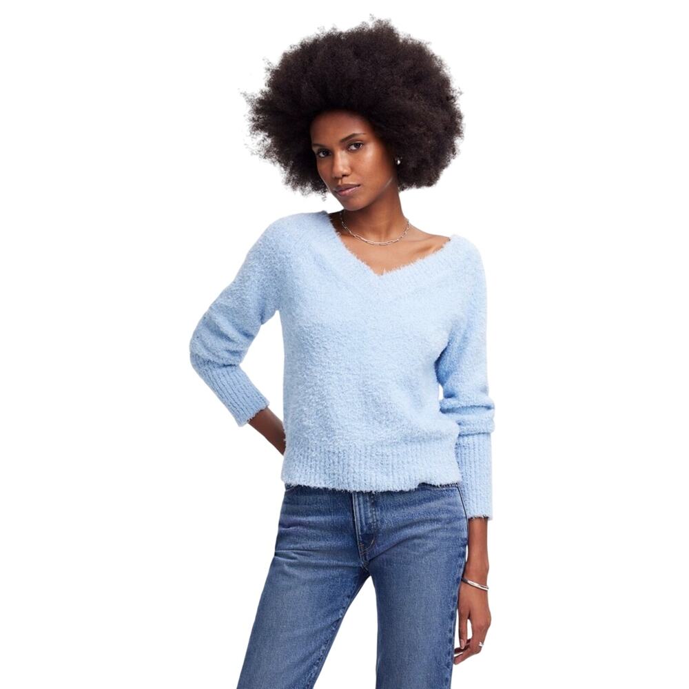 Madewell Blue Fuzzy Knit V Neck Sweater Organic Cotton Small